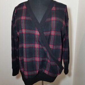 Torrid Womens Size 2 Faux Wrap Long Sleeve Black Red Plaid Waffle Knit Retro
